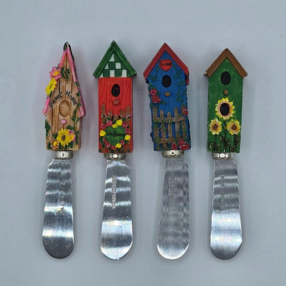 Birdhouse Cheese Spreaders – Set of 4 Colorful Butter Knives Garden Party Deco